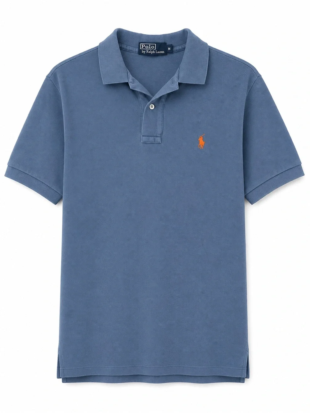 Vtg Polo Ralph Lauren Men M Blue Short Sleeve Polo Shirt Orange Pony 100% Cotton